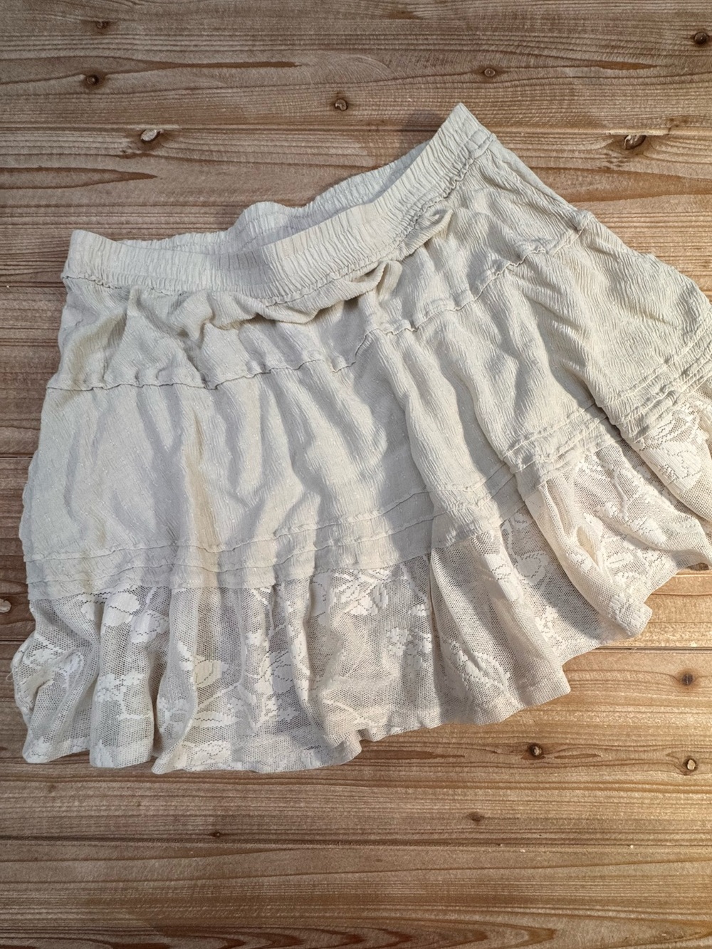 Free People Ivory Boho Lace Mini Skirt | Tiered Gauze | Elastic Waist | Medium